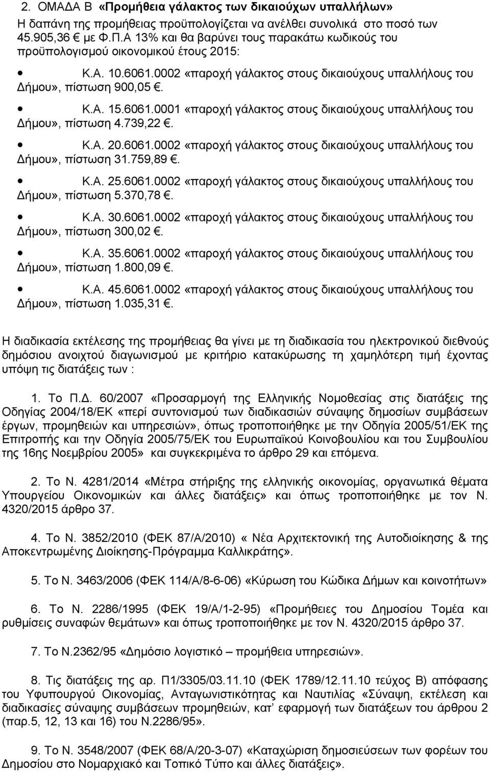 759,89. Κ.Α. 25.6061.0002 «παροχή γάλακτος στους δικαιούχους υπαλλήλους του Δήμου», πίστωση 5.370,78. Κ.Α. 30.6061.0002 «παροχή γάλακτος στους δικαιούχους υπαλλήλους του Δήμου», πίστωση 300,02. Κ.Α. 35.