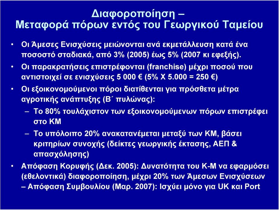 000 = 250 ) Οι εξοικονομούμενοι πόροι διατίθενται για πρόσθετα μέτρα αγροτικής ανάπτυξης (Β πυλώνας): Το 80% τουλάχιστον των εξοικονομούμενων πόρων επιστρέφει στο ΚΜ Το υπόλοιπο 20%