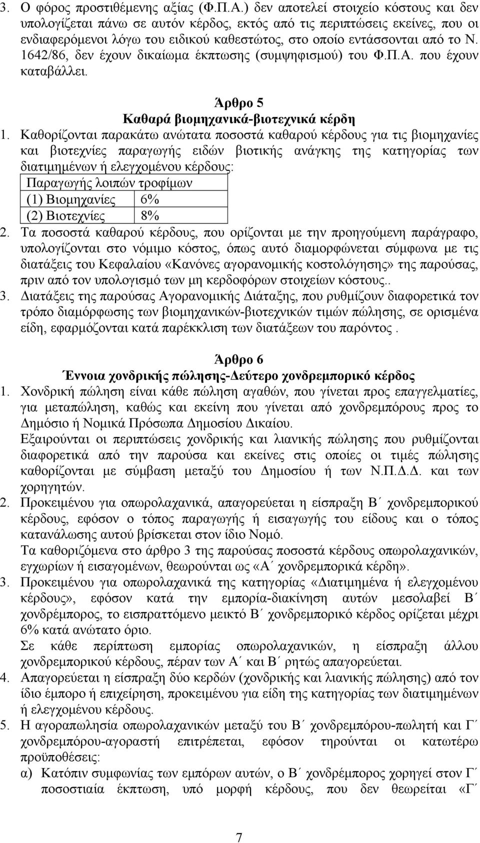 1642/86, δεν έχουν δικαίωμα έκπτωσης (συμψηφισμού) του Φ.Π.Α. που έχουν καταβάλλει. Άρθρο 5 Καθαρά βιομηχανικά-βιοτεχνικά κέρδη 1.