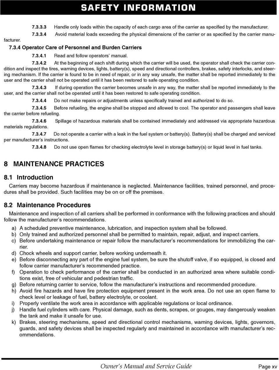 Operator Care of Personnel and Burden Carriers 7.3.4.