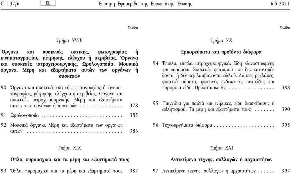 Όργανα συσκευές ιατροχειρουργικής. Μέρη εξαρτήματα αυτών των οργάνων ή συσκευών............... 378 91 Ωρολογοποιία............................ 385 92 Μουσικά όργανα. Μέρη εξαρτήματα των οργάνων αυτών.