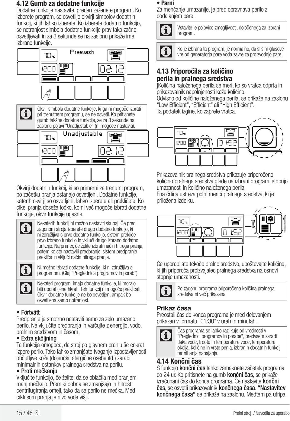 Okvir Prewash simbola dodatne funkcije, ki ga ni mogoče izbrati pri trenutnem programu, se ne osvetli.