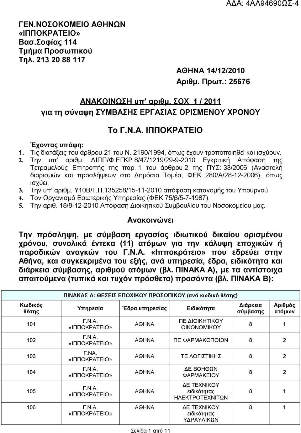 8/47/1219/29-9-2010 Εγκριτική Απόφαση της Τετραμελούς Επιτροπής της παρ. 1 του άρθρου 2 της ΠΥΣ: 33/2006 (Αναστολή διορισμών προσλήψεων στο Δημόσιο Τομέα, ΦΕΚ 280/Α/28-12-2006), όπως ισχύει. 3. Την υπ' αριθμ.