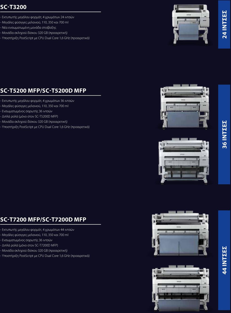 ιντσών - Διπλά ρολά (μόνο στον SC-T5200D MFP) 36 ίντσες SC-T7200 MFP/SC-T7200D MFP - Εκτυπωτής μεγάλου