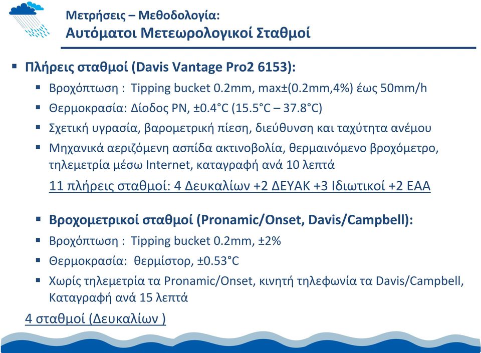 8 C) Σχετική υγρασία, βαρομετρική πίεση, διεύθυνση και ταχύτητα ανέμου Mηχανικά αεριζόμενη ασπίδα ακτινοβολία, θερμαινόμενο βροχόμετρο, τηλεμετρία μέσω Internet, καταγραφή