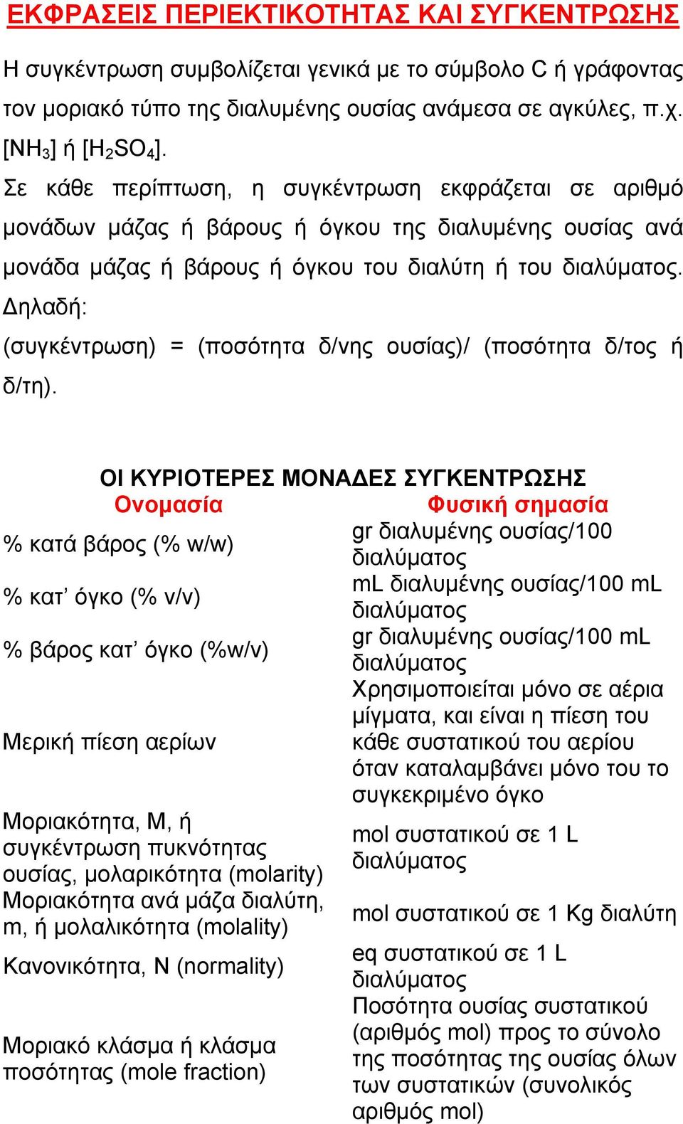 Δηλαδή: (συγκέντρωση) = (ποσότητα δ/νης ουσίας)/ (ποσότητα δ/τος ή δ/τη).