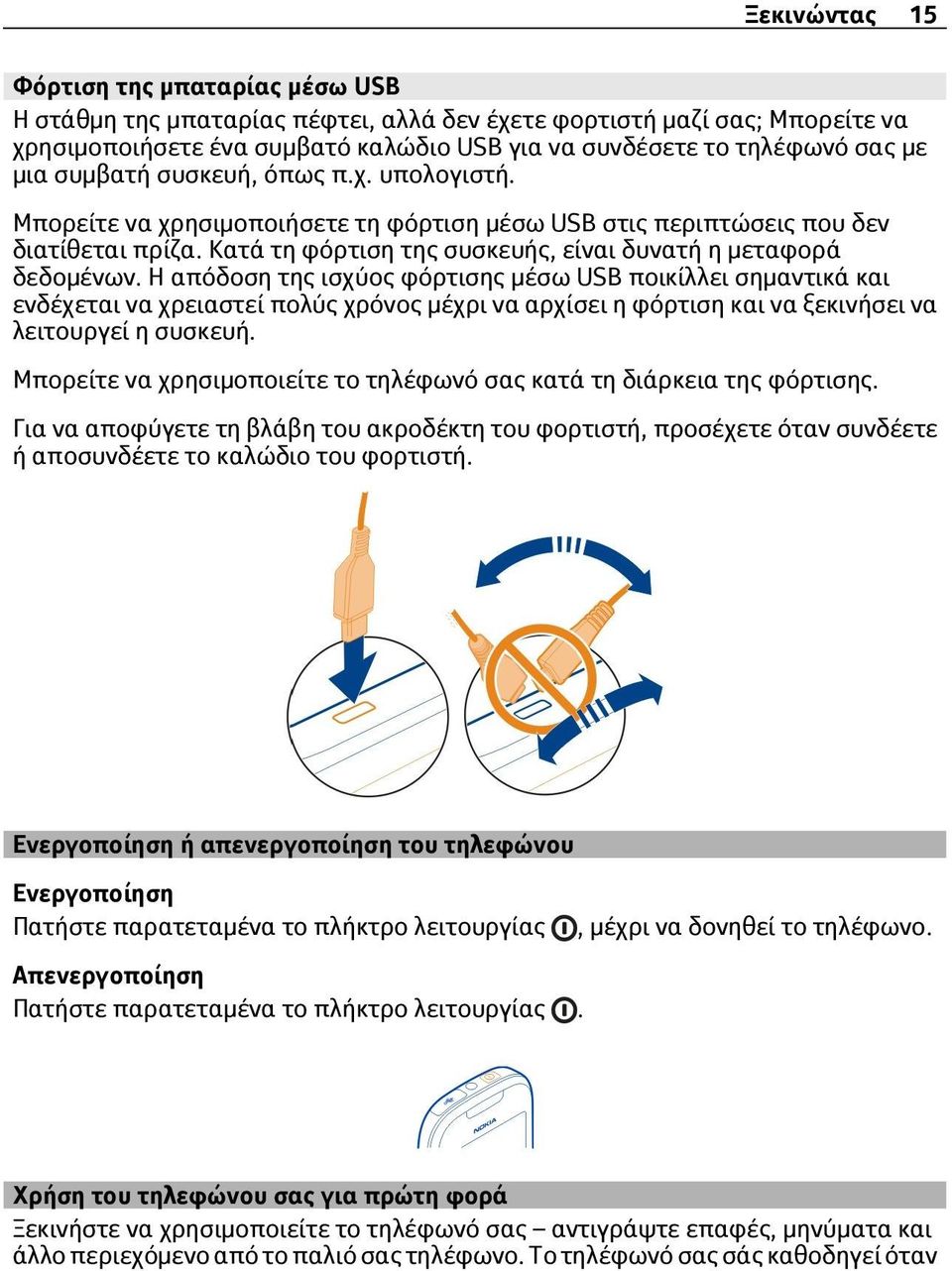 Η απόδοση της ισχύος φόρτισης μέσω USB ποικίλλει σημαντικά και ενδέχεται να χρειαστεί πολύς χρόνος μέχρι να αρχίσει η φόρτιση και να ξεκινήσει να λειτουργεί η συσκευή.