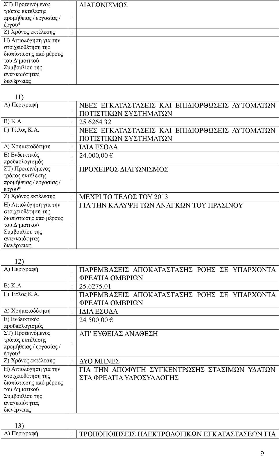 000,00 ΣΤ) Προτεινόμενος ΠΡΟΧΕΙΡΟΣ προμήθειας / εργασίας / Ζ) Χρόνος εκτέλεσης ΜΕΧΡΙ ΤΟ ΤΕΛΟΣ ΤΟΥ 2013 ΓΙΑ ΤΗΝ ΚΑΛΥΨΗ ΤΩΝ ΑΝΑΓΚΩΝ ΤΟΥ ΠΡΑΣΙΝΟΥ 12) Β) Κ.Α. 25.6275.