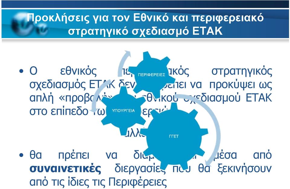 «προβολή» του εθνικού σχεδιασμού ΕΤΑΚ στο επίπεδο των περιφερειών αλλά θα πρέπει