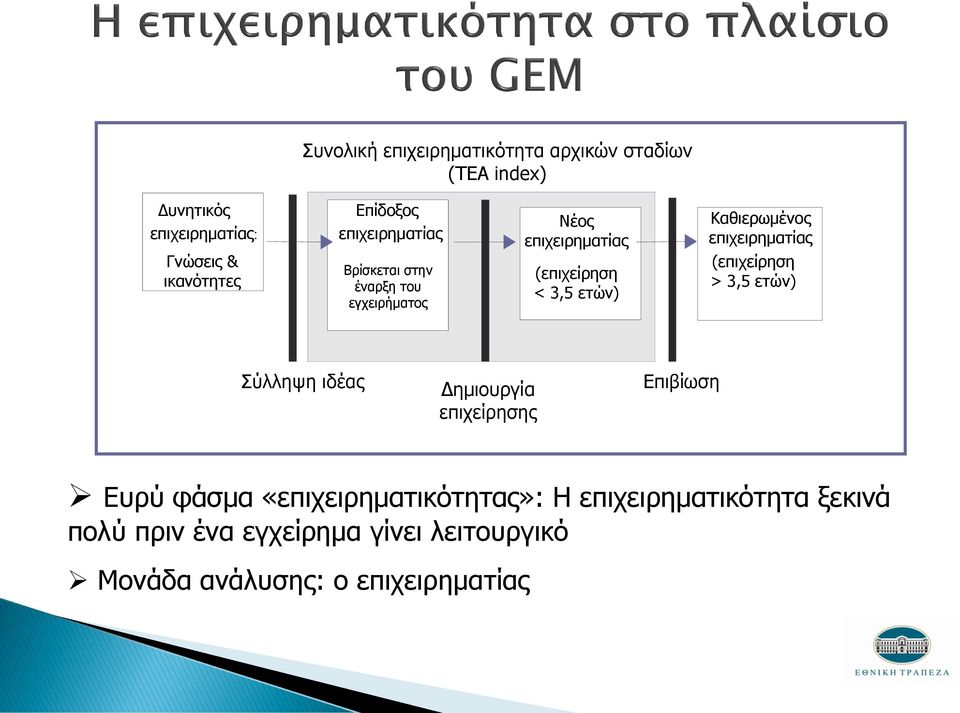 επιχειρηματίας (επιχείρηση > 3,5 ετών) Σύλληψη ιδέας Δημιουργία επιχείρησης Επιβίωση Ευρύ φάσμα