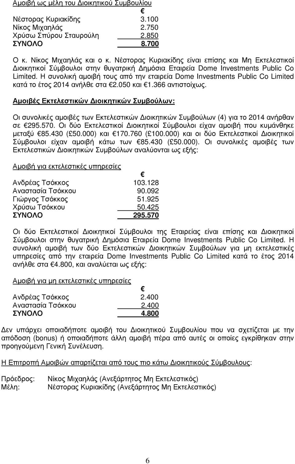 Η συνολική αµοιβή τους από την εταιρεία Dome Investments Public Co Limited κατά το έτος 2014 ανήλθε στα 2.050 και 1.366 αντιστοίχως.