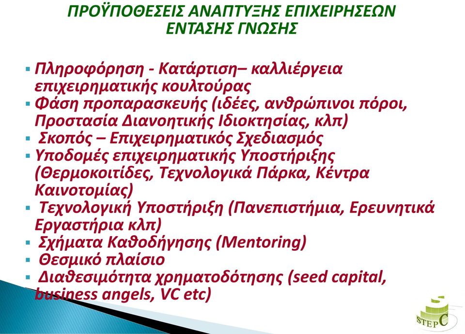 επιχειρηματικής Υποστήριξης (Θερμοκοιτίδες, Τεχνολογικά Πάρκα, Κέντρα Καινοτομίας) Τεχνολογική Υποστήριξη (Πανεπιστήμια,