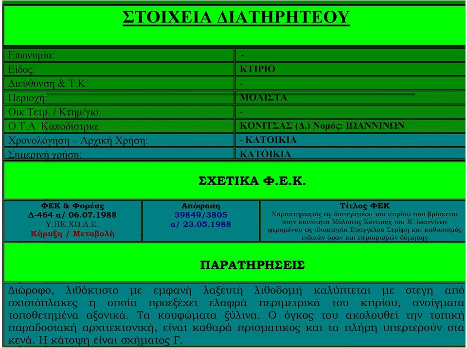 α/ 23.05.1988 Τίτλος ΦΕΚ Χαρακτηρισμός ως διατηρητέου του κτιρίου που βρίσκεται στην κοινότητα Μόλιστας Κονίτσης του Ν.