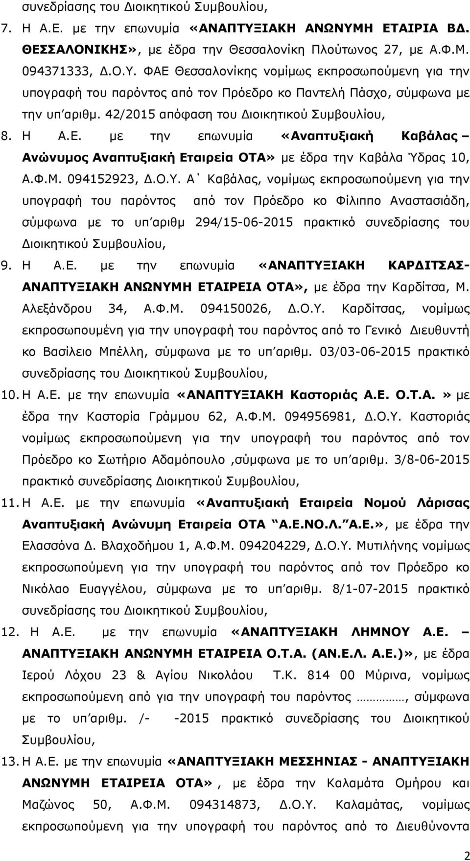 42/2015 απόφαση του Διοικητικού Συμβουλίου, 8. Η Α.Ε. με την επωνυμία «Αναπτυξιακή Καβάλας Ανώνυμος Αναπτυξιακή Εταιρεία ΟΤΑ» με έδρα την Καβάλα Ύδρας 10, Α.Φ.Μ. 094152923, Δ.Ο.Υ.