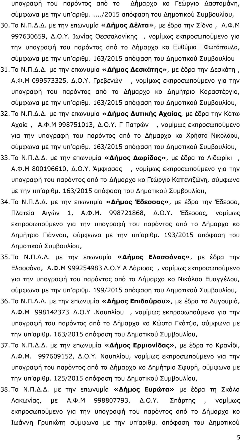 163/2015 απόφαση του Δημοτικού Συμβουλίου 31. Το Ν.Π.Δ.Δ. με την επωνυμία «Δήμος Δεσκάτης», με έδρα την Δεσκάτη, Α.Φ.Μ 099573325, Δ.Ο.Υ.