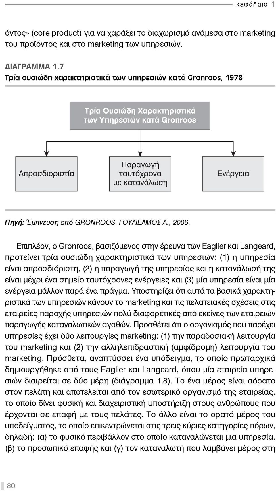 Επιπλέον, ο Gronroos, βασιζόμενος στην έρευνα των Eaglier και Langeard, προτείνει τρία ουσιώδη χαρακτηριστικά των υπηρεσιών: (1) η υπηρεσία είναι απροσδιόριστη, (2) η παραγωγή της υπηρεσίας και η