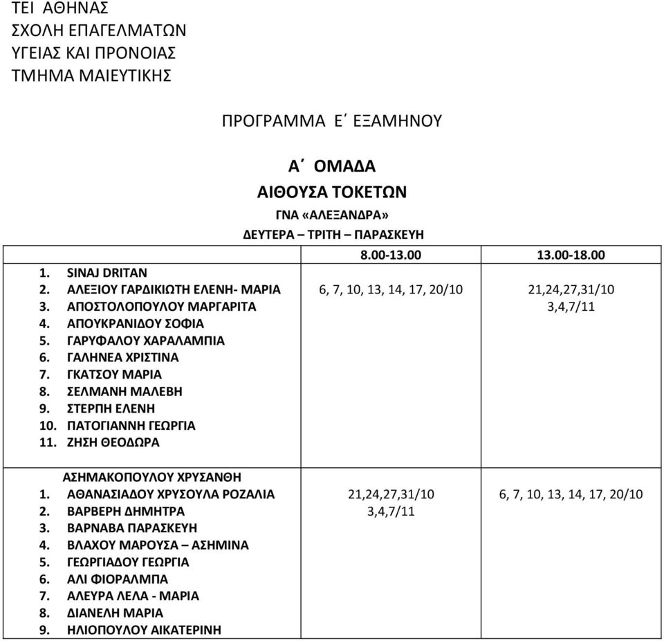 00 13.00-18.00 6, 7, 10, 13, 14, 17, 20/10 21,24,27,31/10 3,4,7/11 ΑΣΗΜΑΚΟΠΟΥΛΟΥ ΧΡΥΣΑΝΘΗ 1. ΑΘΑΝΑΣΙΑΔΟΥ ΧΡΥΣΟΥΛΑ ΡΟΖΑΛΙΑ 2. ΒΑΡΒΕΡΗ ΔΗΜΗΤΡΑ 3.