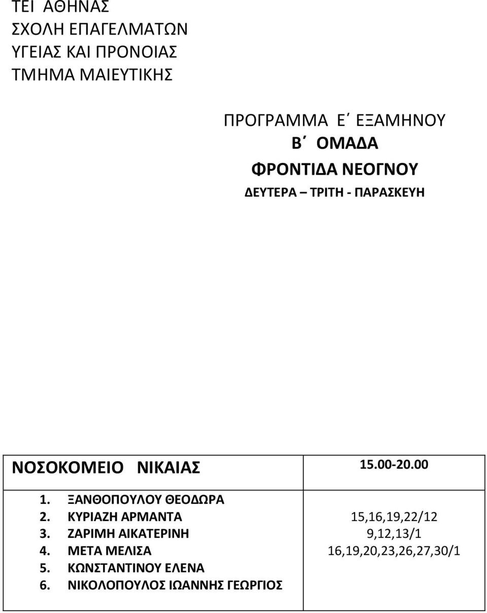 ΖΑΡΙΜΗ ΑΙΚΑΤΕΡΙΝΗ 4. ΜΕΤΑ ΜΕΛΙΣΑ 5. ΚΩΝΣΤΑΝΤΙΝΟΥ ΕΛΕΝΑ 6.