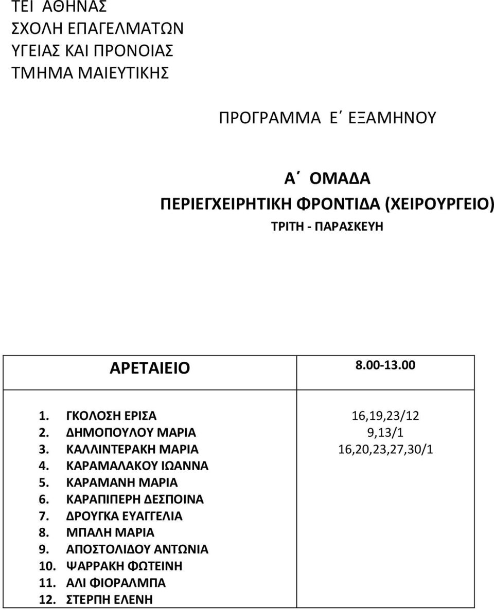 ΚΑΡΑΜΑΝΗ ΜΑΡΙΑ 6. ΚΑΡΑΠΙΠΕΡΗ ΔΕΣΠΟΙΝΑ 7. ΔΡΟΥΓΚΑ ΕΥΑΓΓΕΛΙΑ 8. ΜΠΑΛΗ ΜΑΡΙΑ 9.