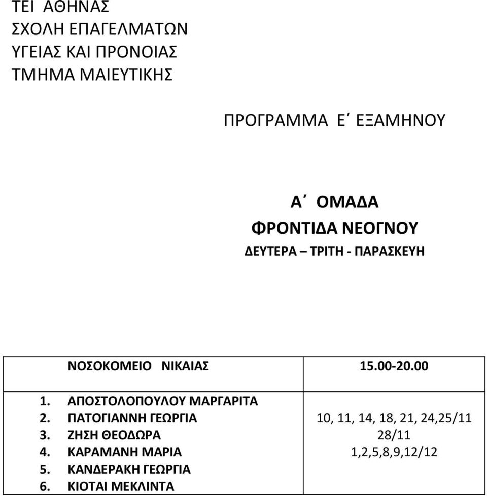 ΠΑΤΟΓΙΑΝΝΗ ΓΕΩΡΓΙΑ 3. ΖΗΣΗ ΘΕΟΔΩΡΑ 4. ΚΑΡΑΜΑΝΗ ΜΑΡΙΑ 5.