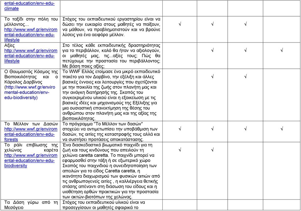 gr/envirom ental-education/env-edulifestyle Ο Θαυμαστός Κόσμος της Βιοποικιλότητας και ο Κάρολος αρβίνος mental-education/envedu-biodiversity) Το Μέλλον των ασών http://www.wwf.