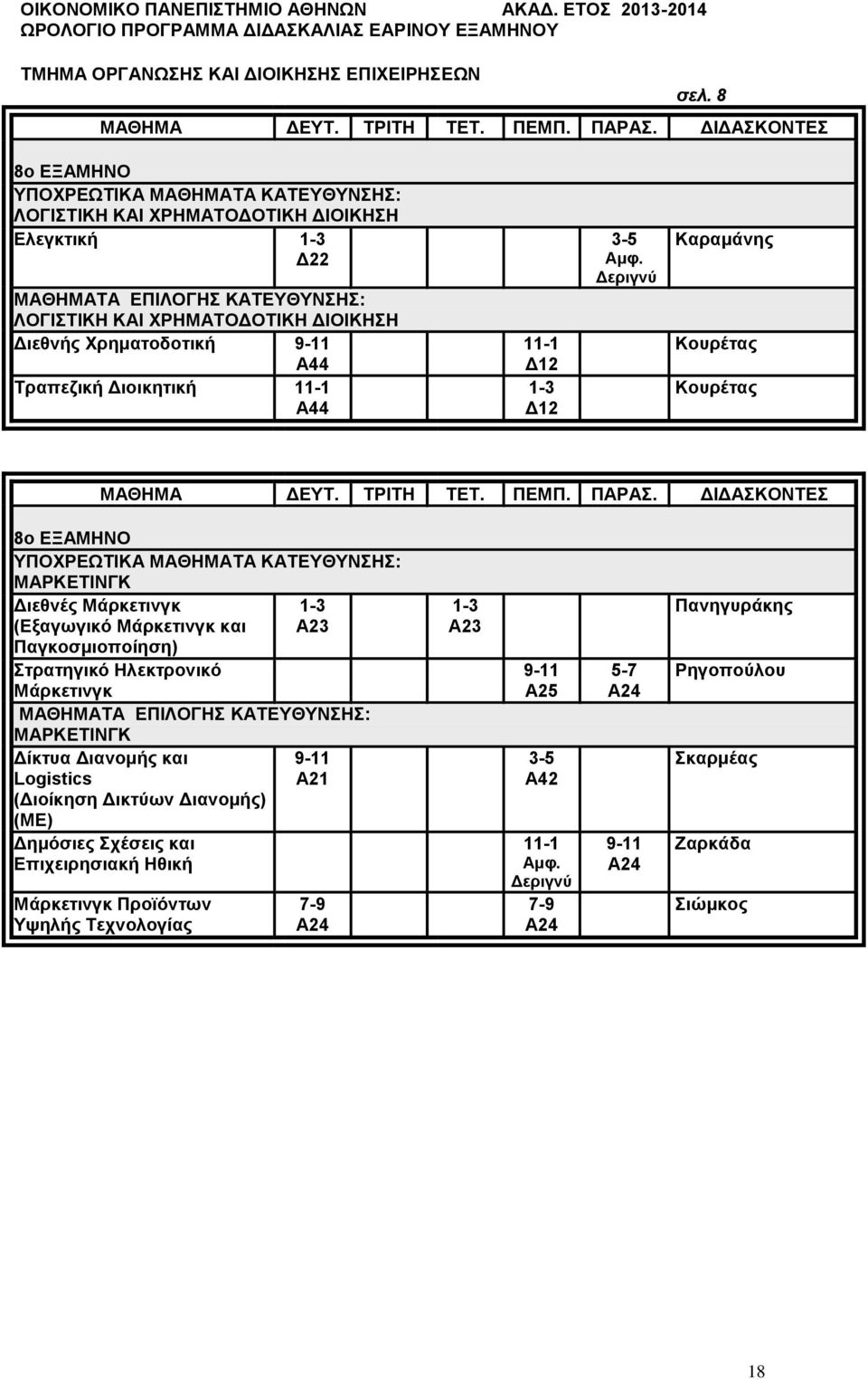 Διοικητική 44 μφ. Καραμάνης Κουρέτας Κουρέτας ΜΘΗΜ ΔΕΤ. ΤΡΙΤΗ ΤΕΤ. ΠΕΜΠ. ΠΡΣ.