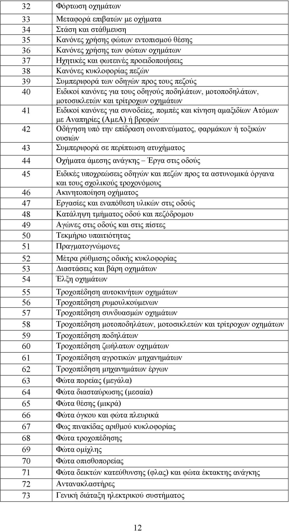 συνοδείες, πομπές και κίνηση αμαξιδίων Ατόμων με Αναπηρίες (ΑμεΑ) ή βρεφών 42 Οδήγηση υπό την επίδραση οινοπνεύματος, φαρμάκων ή τοξικών ουσιών 43 Συμπεριφορά σε περίπτωση ατυχήματος 44 Οχήματα