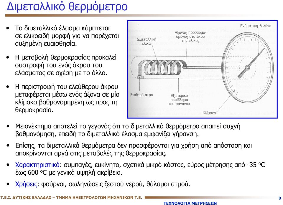 Η περιστροφή του ελεύθερου άκρου μεταφέρεται μέσω ενός άξονα σε μία κλίμακα βαθμονομημένη ως προς τη θερμοκρασία.