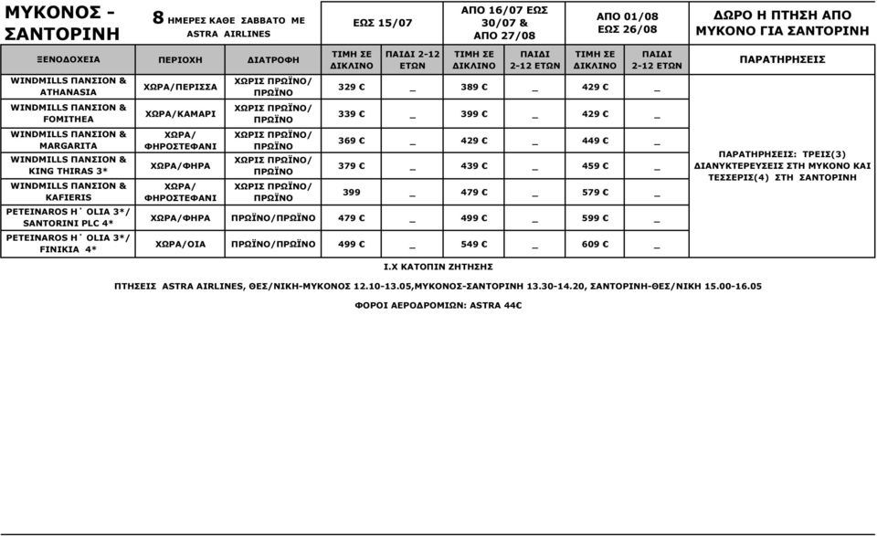 ΠΡΩΪΝΟ ΧΩΡΙΣ ΠΡΩΪΝΟ/ ΠΡΩΪΝΟ ΧΩΡΙΣ ΠΡΩΪΝΟ/ ΠΡΩΪΝΟ ΧΩΡΙΣ ΠΡΩΪΝΟ/ ΠΡΩΪΝΟ ΕΩΣ 15/07 ΑΠΟ 16/07 ΕΩΣ 30/07 & ΑΠΟ 27/08 329 389 429 339 399 429 369 429 449 379 439 459 399 479 579 ΧΩΡΑ/ΦΗΡΑ ΠΡΩΪΝΟ/ΠΡΩΪΝΟ 479