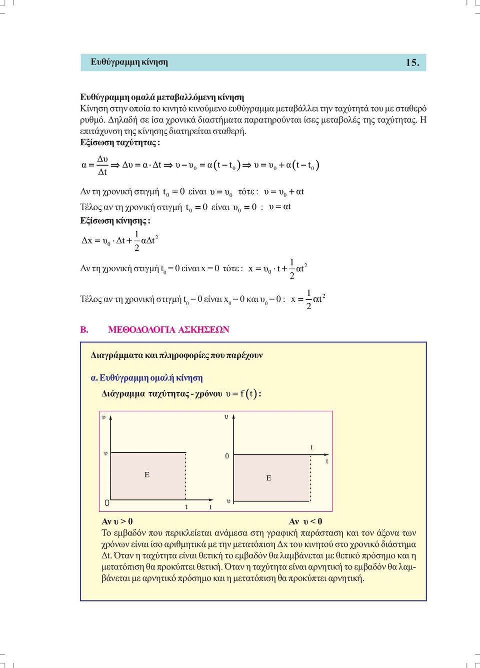 Εξίσωση ταχύτητας : υ α = υ = α t υ υ = α t t υ= υ + α t t t ( ) ( ) 0 0 0 0 Αν τη χρονική στιγµή t0 = 0 είναι υ= υ0 τότε : υ= υ0 + αt Τέλος αν τη χρονική στιγµή t0 = 0 είναι υ0 = 0 : υ= αt Εξίσωση