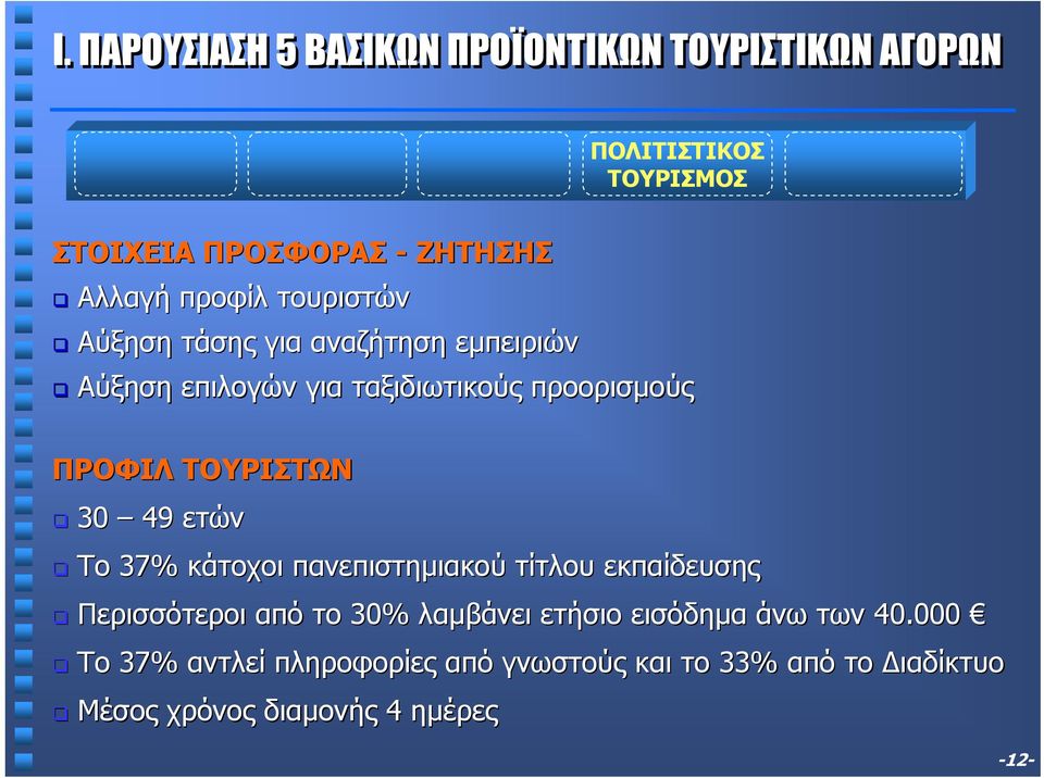 ΤΟΥΡΙΣΤΩΝ 30 49 ετών Το 37% κάτοχοι πανεπιστηµιακού τίτλου εκπαίδευσης Περισσότεροι από το 30% λαµβάνει ετήσιο