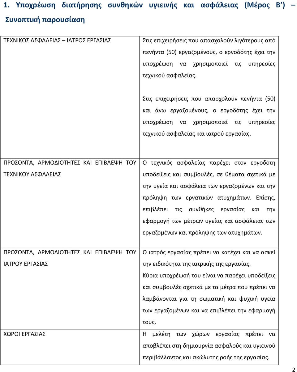 Στις επιχειρήσεις που απασχολούν πενήντα (50) και άνω εργαζομένους, ο εργοδότης έχει την υποχρέωση να χρησιμοποιεί τις υπηρεσίες τεχνικού ασφαλείας και ιατρού εργασίας.