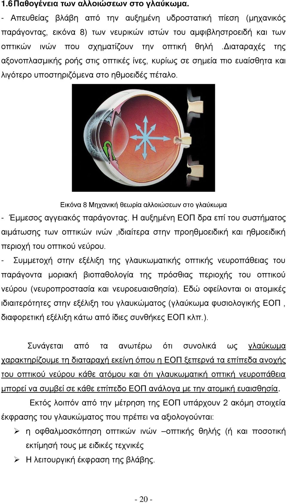 διαταραχές της αξονοπλασμικής ροής στις οπτικές ίνες, κυρίως σε σημεία πιο ευαίσθητα και λιγότερο υποστηριζόμενα στο ηθμοειδές πέταλο.