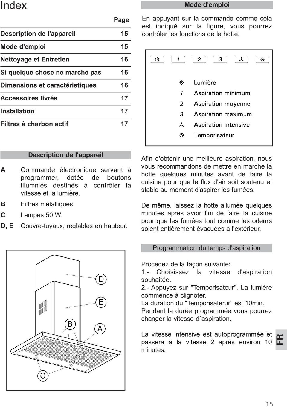 électronique servant à programmer, dotée de boutons illumniés destinés à contrôler la vitesse et la lumière. Filtres métalliques. C Lampes 50 W. D, E Couvre-tuyaux, réglables en hauteur.