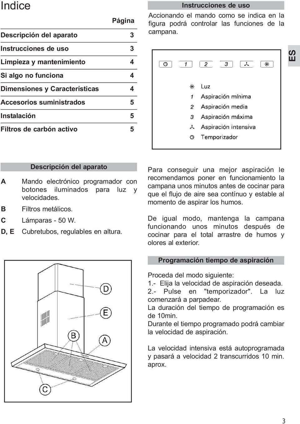 ES Si algo no funciona 4 Dimensiones y Características 4 Accesorios suministrados 5 Instalación 5 Filtros de carbón activo 5 A B Descripción del aparato Mando electrónico programador con botones