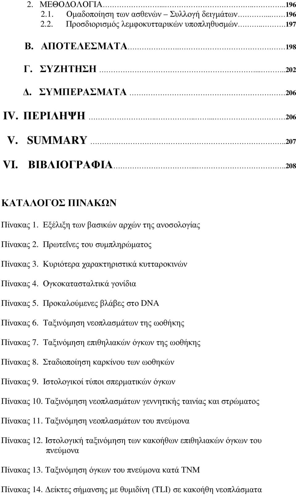 Κυριότερα χαρακτηριστικά κυτταροκινών Πίνακας 4. Ογκοκατασταλτικά γονίδια Πίνακας 5. Προκαλούµενες βλάβες στο DNA Πίνακας 6. Ταξινόµηση νεοπλασµάτων της ωοθήκης Πίνακας 7.