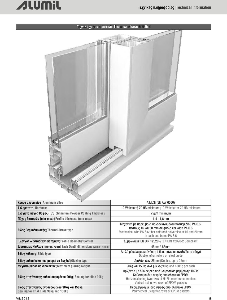 dimensions (Width \ Height) Είδος κύλισης Slide type Είδος υαλοπίνακα που μπορεί να δεχθεί Glazing type Μέγιστο βάρος υαλοπινάκων Maximum glazing weight Είδος στεγάνωσης απλού συρομένου 90kg Sealing