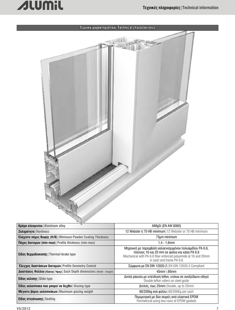 dimensions (Width \ Height) Είδος κύλισης Slide type Είδος υαλοπίνακα που μπορεί να δεχθεί Glazing type Μέγιστο βάρος υαλοπινάκων Maximum glazing weight Είδος στεγάνωσης Sealing AlMgSi (EN AW 6060)