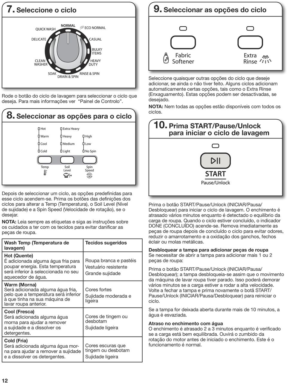 Alguns ciclos adicionam automaticamente certas opções, tais como o Extra Rinse (Enxaguamento). Estas opções podem ser desactivadas, se desejado.