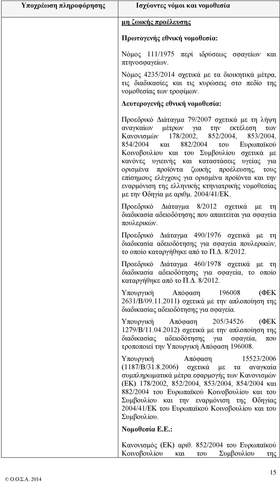 Δευτερογενής εθνική νομοθεσία: Προεδρικό Διάταγμα 79/2007 σχετικά με τη λήψη αναγκαίων μέτρων για την εκτέλεση των Κανονισμών 178/2002, 852/2004, 853/2004, 854/2004 και 882/2004 του Ευρωπαϊκού