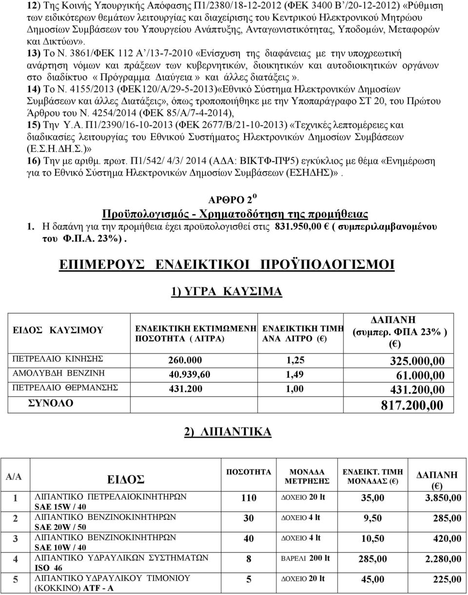 3861/ΦΕΚ 112 Α /13-7-2010 «Ενίσχυση της διαφάνειας με την υποχρεωτική ανάρτηση νόμων και πράξεων των κυβερνητικών, διοικητικών και αυτοδιοικητικών οργάνων στο διαδίκτυο «Πρόγραμμα Διαύγεια» και άλλες