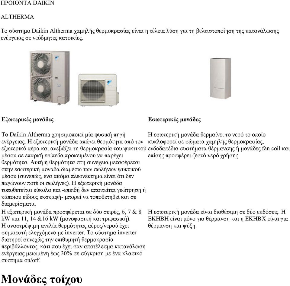 Η εξωτερική μονάδα απάγει θερμότητα από τον κυκλοφορεί σε σώματα χαμηλής θερμοκρασίας, εξωτερικό αέρα και ανεβάζει τη θερμοκρασία του ψυκτικού ενδοδαπέδια συστήματα θέρμανσης ή μονάδες fan coil και