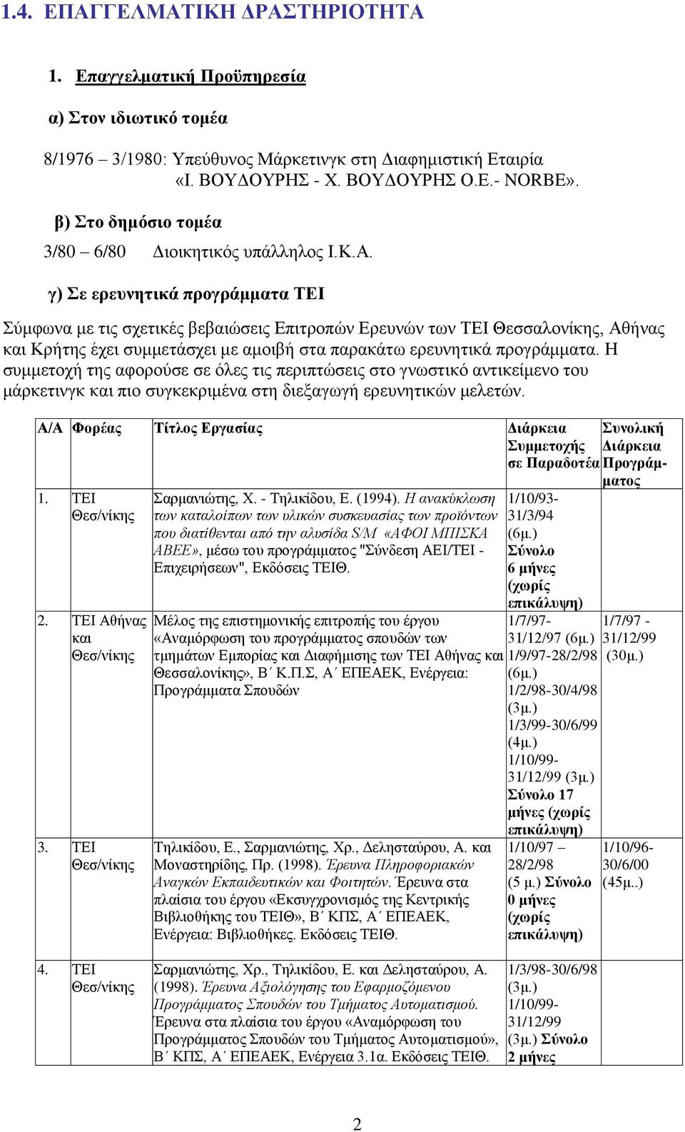 γ) ε ερεσνηηικά προγράμμαηα ΣΔΙ ύκθωλα κε ηηο ζρεηηθέο βεβαηώζεηο Δπηηξνπώλ Δξεπλώλ ηωλ ΣΔΗ Θεζζαινλίθεο, Αζήλαο θαη Κξήηεο έρεη ζπκκεηάζρεη κε ακνηβή ζηα παξαθάηω εξεπλεηηθά πξνγξάκκαηα.