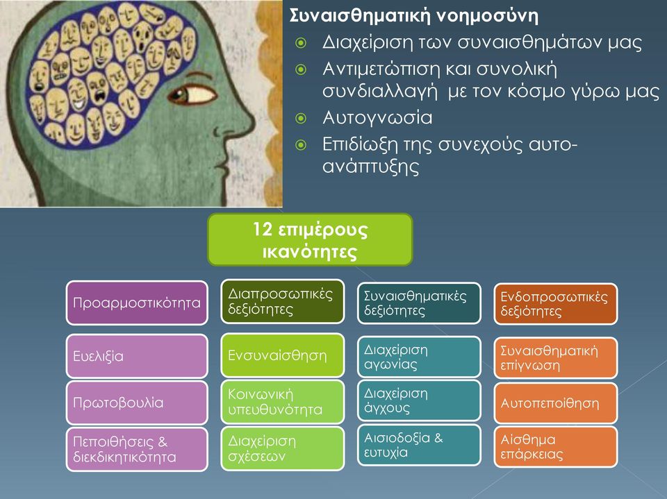 Συναισθηματικές δεξιότητες Ενδοπροσωπικές δεξιότητες Ευελιξία Ενσυναίσθηση Διαχείριση αγωνίας Συναισθηματική επίγνωση