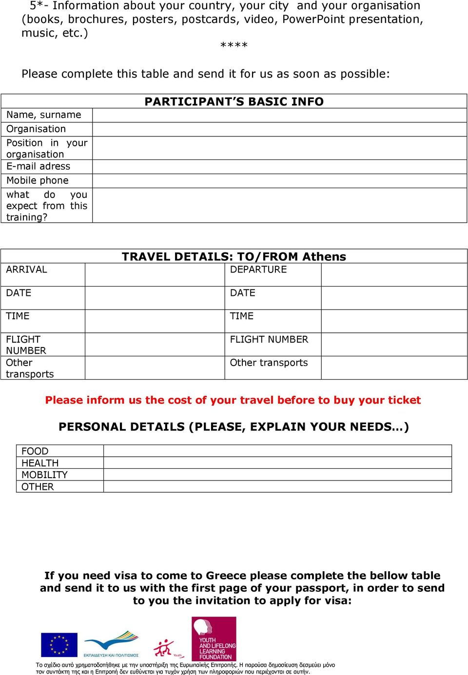 PARTICIPANT S BASIC INFO ARRIVAL DATE TIME FLIGHT NUMBER Other transports TRAVEL DETAILS: TO/FROM Athens DEPARTURE DATE TIME FLIGHT NUMBER Other transports FOOD HEALTH MOBILITY OTHER Please inform us