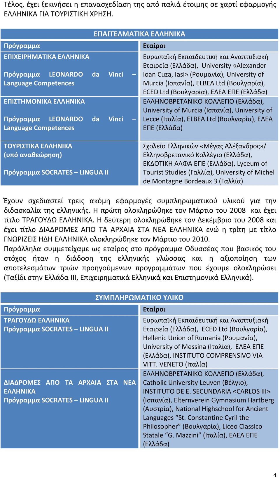 Εκπαιδευτική και Αναπτυξιακή Εταιρεία (Ελλάδα), University «Alexander Ioan Cuza, Iasi» (Ρουμανία), University of Murcia (Ισπανία), ELBEA Ltd (Βουλγαρία), ECED Ltd (Βουλγαρία), ΕΛΕΑ ΕΠΕ (Ελλάδα)