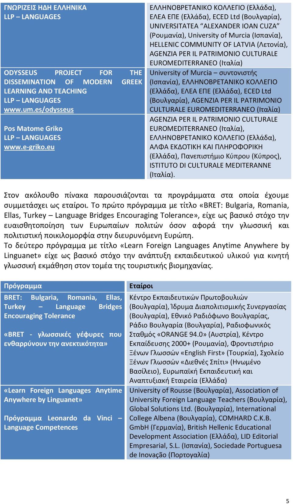 AGENZIA PER IL PATRIMONIO CULTURALE EUROMEDITERRANEO (Ιταλία) University of Murcia συντονιστής (Ισπανία), ΕΛΛΗΝΟΒΡΕΤΑΝΙΚΟ ΚΟΛΛΕΓΙΟ (Ελλάδα), ΕΛΕΑ ΕΠΕ (Ελλάδα), ECED Ltd (Βουλγαρία), AGENZIA PER IL