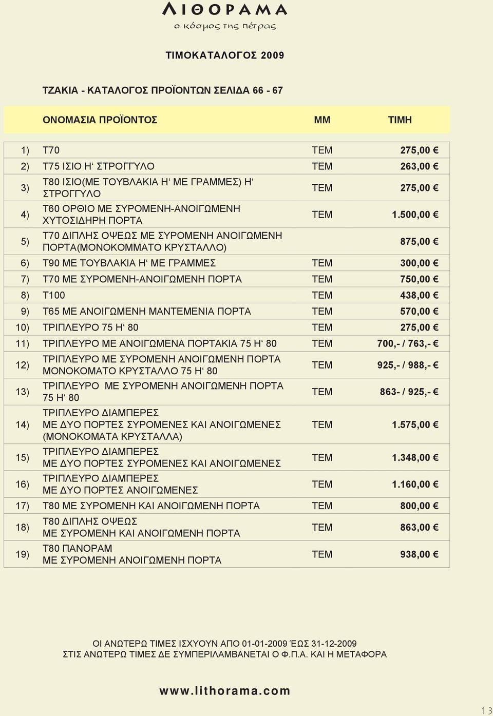 500,00 875,00 6) Τ90 ΜΕ ΤΟΥΒΛΑΚΙΑ Η ΜΕ ΓΡΑΜΜΕΣ ΤΕΜ 300,00 7) Τ70 ΜΕ ΣΥΡΟΜΕΝΗ-ΑΝΟΙΓΩΜΕΝΗ ΠΟΡΤΑ ΤΕΜ 750,00 8) Τ100 ΤΕΜ 438,00 9) Τ65 ΜΕ ΑΝΟΙΓΩΜΕΝΗ ΜΑΝΤΕΜΕΝΙΑ ΠΟΡΤΑ ΤΕΜ 570,00 10) ΤΡΙΠΛΕΥΡΟ 75 Η 80 ΤΕΜ