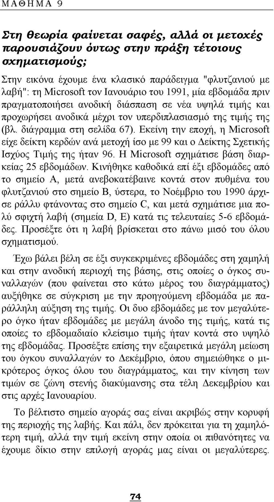 Εκείνη την εποχή, η Microsoft είχε δείκτη κερδών ανά μετοχή ίσο με 99 και ο Δείκτης Σχετικής Ισχύος Τιμής της ήταν 96. Η Microsoft σχημάτισε βάση διαρκείας 25 εβδομάδων.