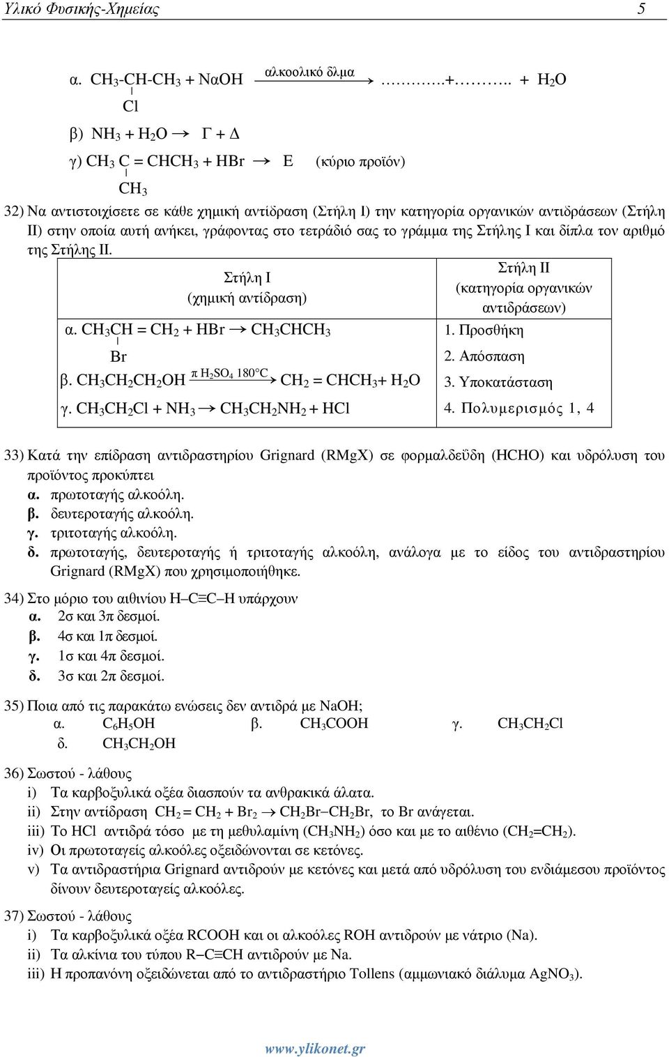 και δίπλα τον αριθµό της Στήλης ΙΙ. Στήλη Ι (χηµική αντίδραση) α. CH 3 C H = CH 2 + HBr! CH 3 CHCH 3 Βr β. CH 3 CH 2 CH 2 OH ' π H 2SO 4 180 C γ. CH 3 CH 2 Cl + NH 3!